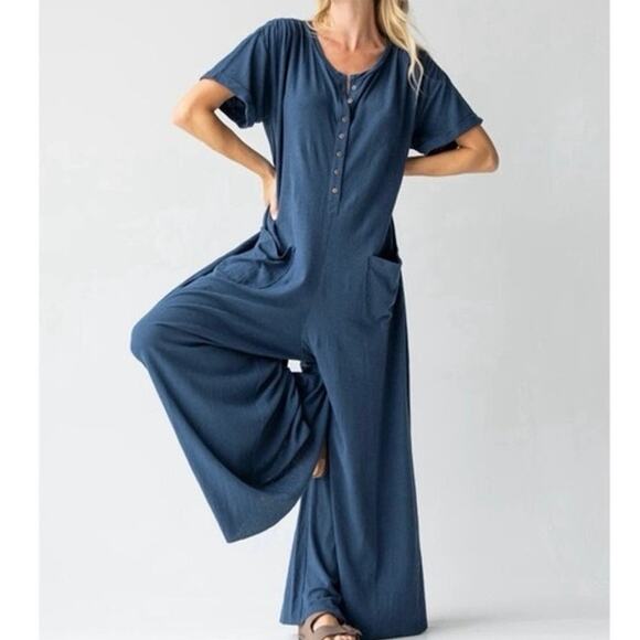 Natural Life The Jenna Jumpsuit in Washed Navy Blue L/XL Linen Cotton Blend New - Picture 3 of 7